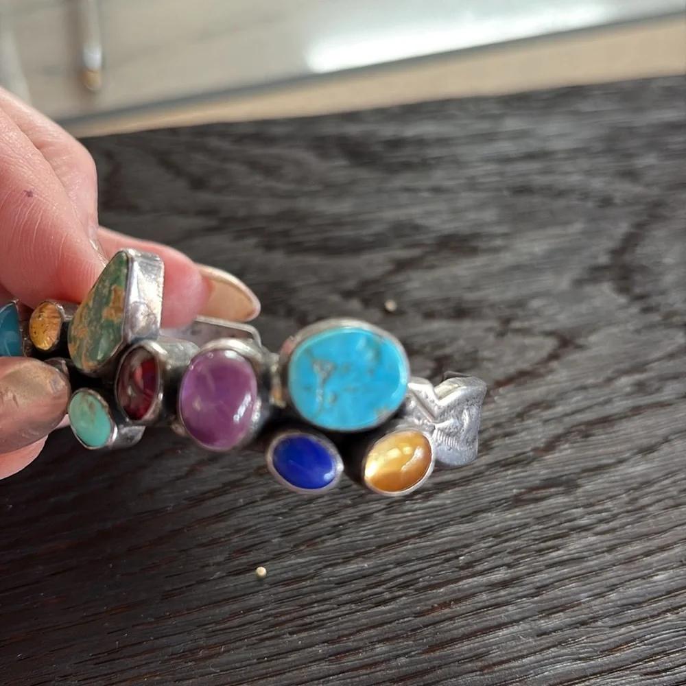 Native American Navajo Nakai sterling Multi Gemstone Silver Cuff Bracelet OS
